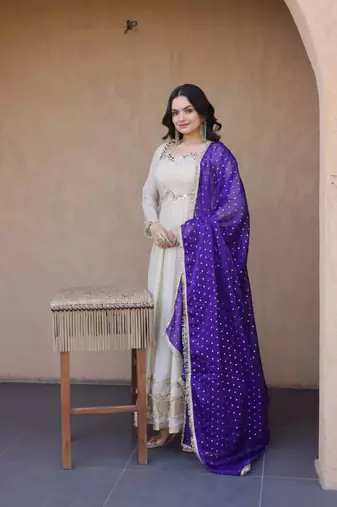 White Purple Cosmos with Mirror with Zari Embroidered lace work long kurti with dupatta