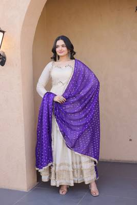 white mirror work art silk kurti set with purple dupatta 3