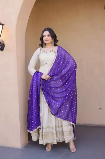 White Purple Cosmos with Mirror with Zari Embroidered lace work long kurti with dupatta