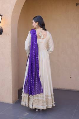 white mirror work art silk kurti set with purple dupatta 4