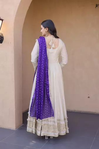 White Purple Cosmos with Mirror with Zari Embroidered lace work long kurti with dupatta