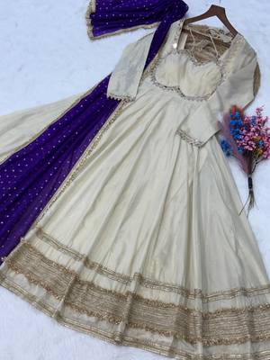 white mirror work art silk kurti set with purple dupatta 5