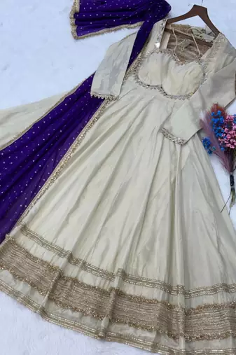 White Purple Cosmos with Mirror with Zari Embroidered lace work long kurti with dupatta