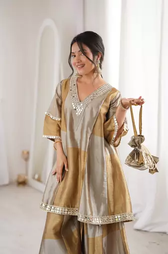 golden weaved tissue sharara suit