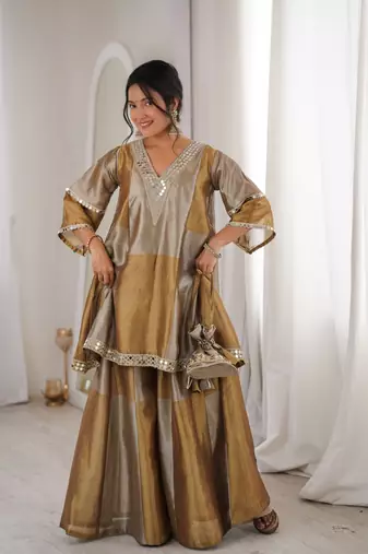 golden weaved tissue sharara suit
