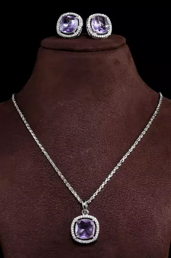 silver purple american diamond brass pendant set