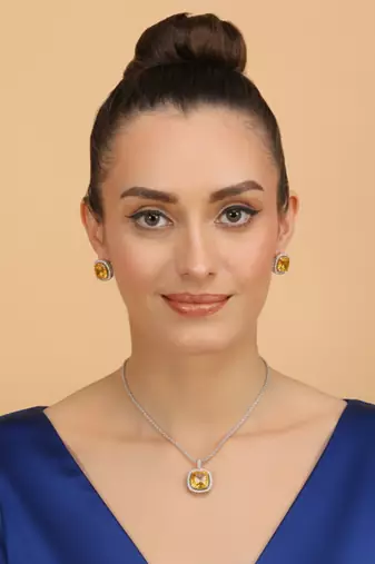 Silver electric yellow honey stone pendant set 