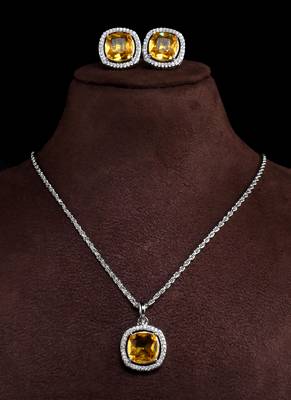 silver yellow cz stone brass pendant set 3