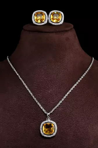 silver yellow cz stone brass pendant set