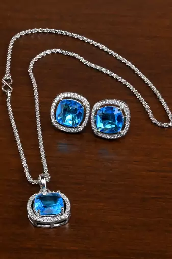 silver blue cz stone brass pendant set