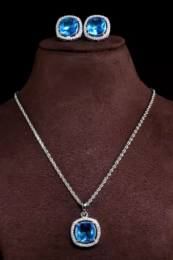 silver blue cz stone brass pendant set