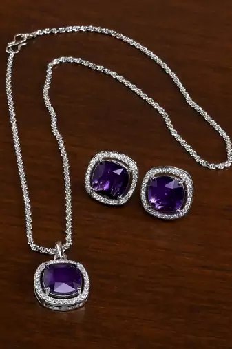 silver amethyst purple stone brass pendant set