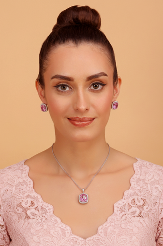 Silver electric bubblegum pink stone pendant set
