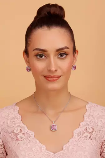 Silver electric bubblegum pink stone pendant set