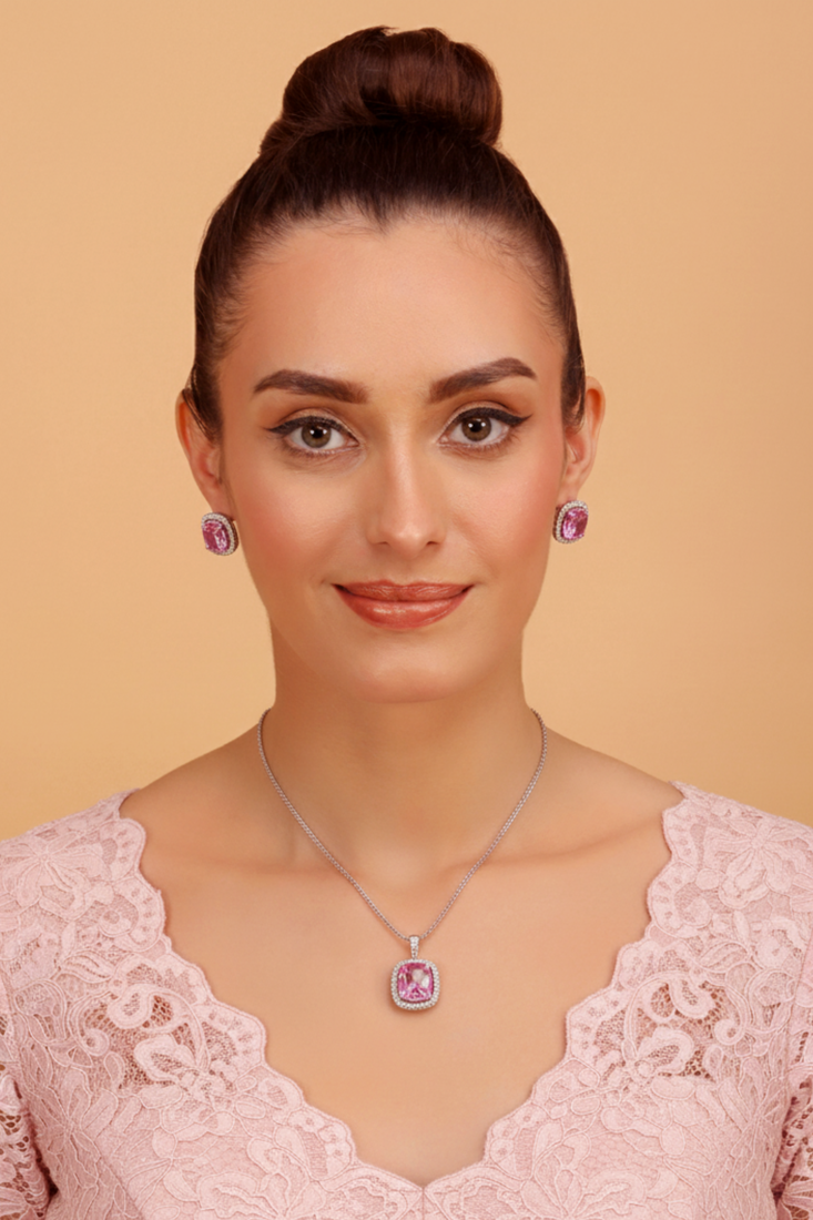 Silver electric bubblegum pink stone pendant set
