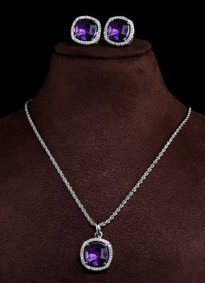 silver amethyst purple stone brass pendant set 3