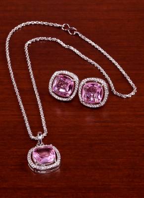 silver pink american diamond brass pendant set 2