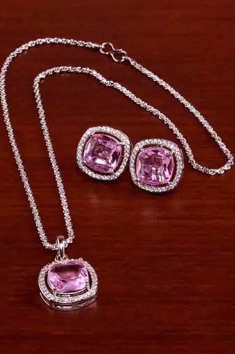 silver pink american diamond brass pendant set