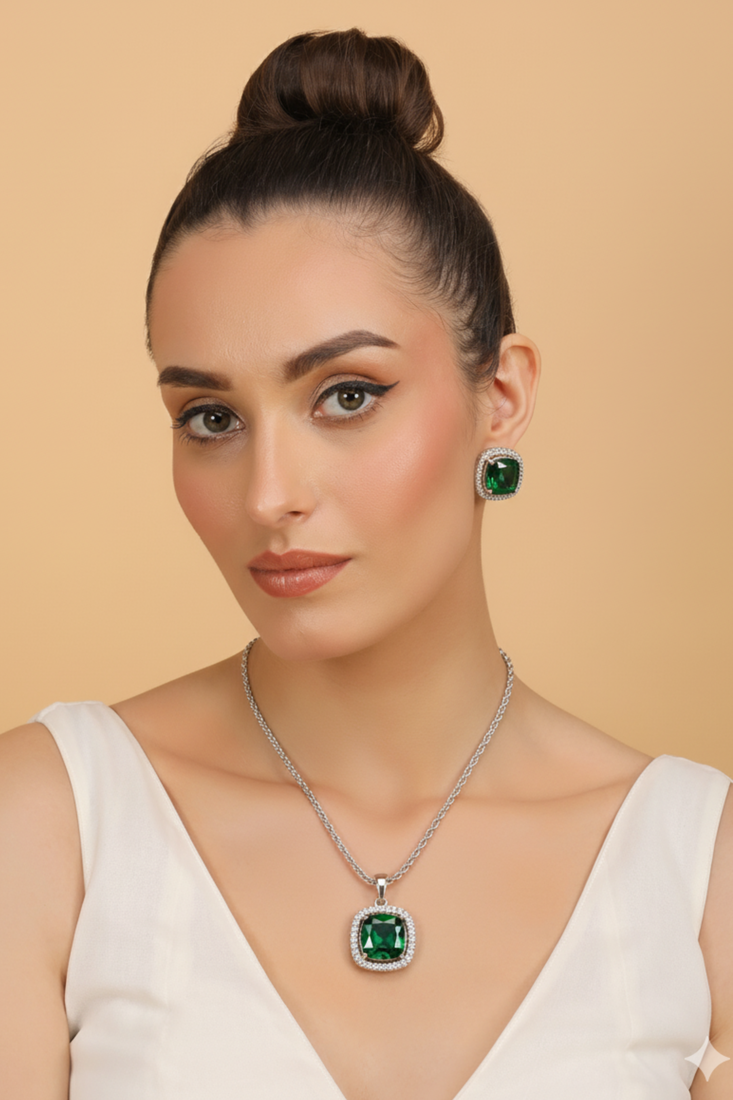 Silver electric bottle green stone pendant set