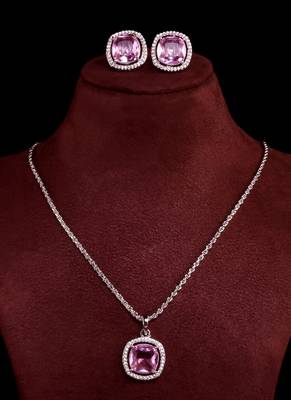 silver pink american diamond brass pendant set 3