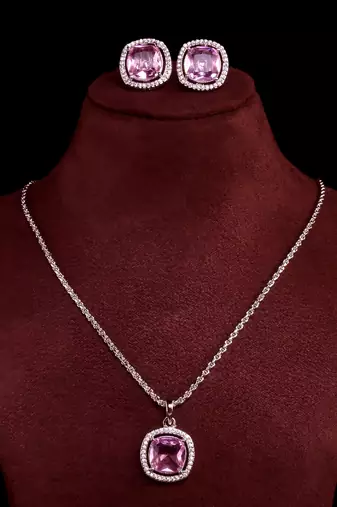 silver pink american diamond brass pendant set