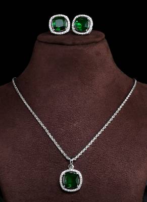 silver green stone rhodium brass pendant set 3