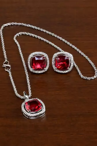 silver ruby red stone designer pendant set