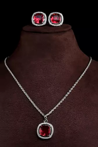 silver ruby red stone designer pendant set