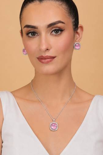 Silver baby pink stone pendant set 