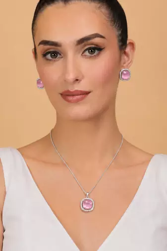 Silver baby pink stone pendant set 