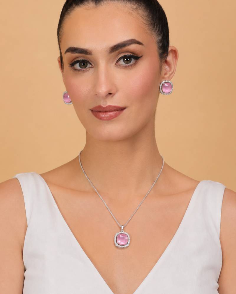 Silver baby pink stone pendant set 