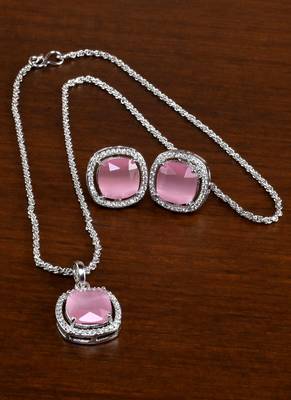 silver baby pink cz stone brass pendant set 2