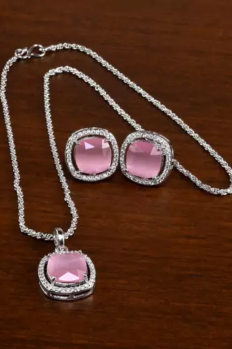 silver baby pink cz stone brass pendant set