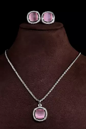 silver baby pink cz stone brass pendant set