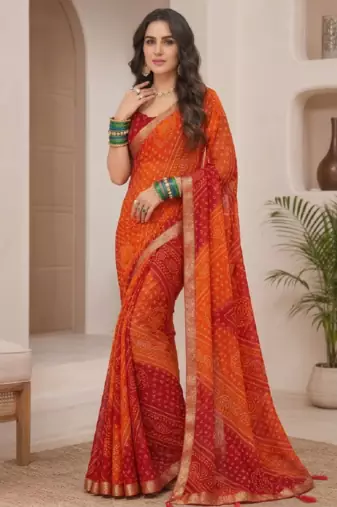 Maroon Oranage Indian Bandhani Printed Chiffon Saree With Blouse Piece