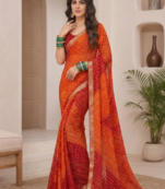 Maroon Oranage Indian Bandhani Printed Chiffon Saree With Blouse Piece