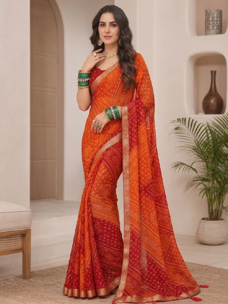 Maroon Oranage Indian Bandhani Printed Chiffon Saree With Blouse Piece
