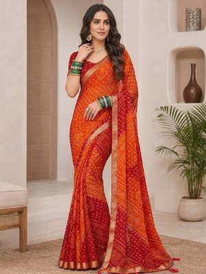 orange printed chiffon bandhani saree 2
