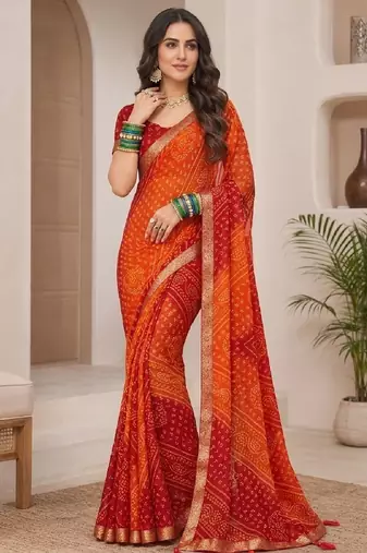 orange printed chiffon bandhani saree
