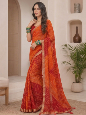 orange printed chiffon bandhani saree 3