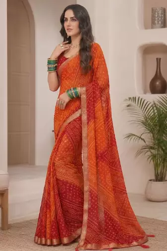 orange printed chiffon bandhani saree