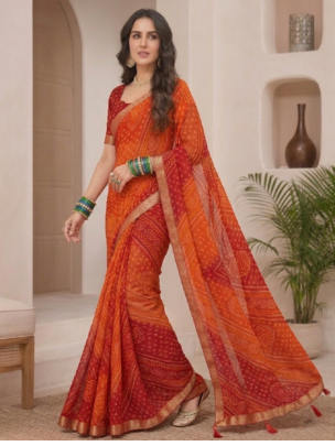 orange printed chiffon bandhani saree 4