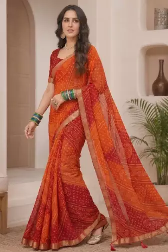 orange printed chiffon bandhani saree