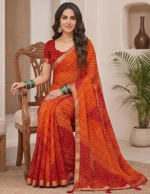 orange printed chiffon bandhani saree 5