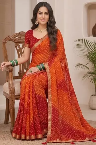 orange printed chiffon bandhani saree