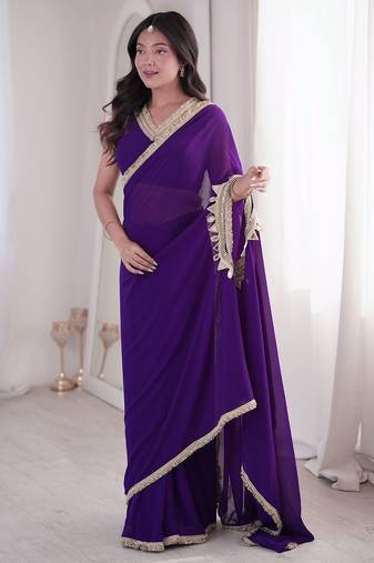 Dual style ready-to-wear georgette saree with stitched blouse & mirror lace work