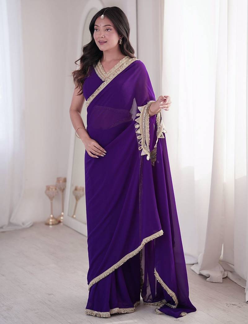 Dual style ready-to-wear georgette saree with stitched blouse & mirror lace work