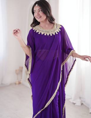 purple embroidered georgette party wear saree 3