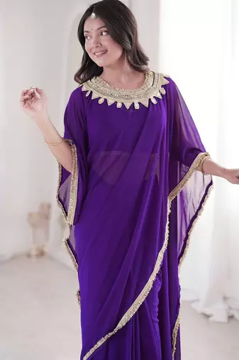 purple embroidered georgette party wear saree