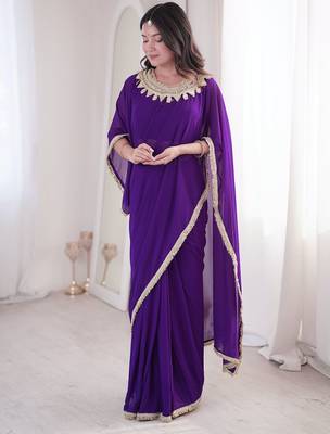 purple embroidered georgette party wear saree 4